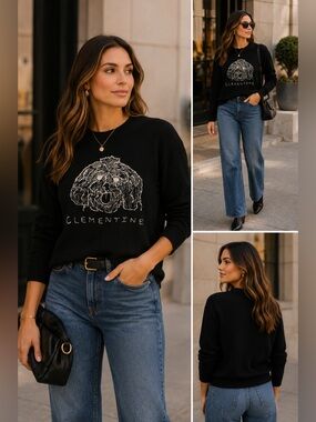 Le Lion Italian Women's Black Graphic Cashmere Sweater with Blue Jeans